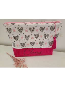 Trousse de toilette personnalisée prénom petits coeurs léopard (cadeau naissance, baptême, communion ...)