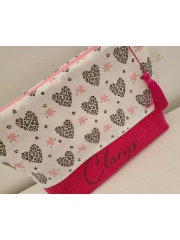 Trousse de toilette personnalisée prénom petits coeurs léopard (cadeau naissance, baptême, communion ...)
