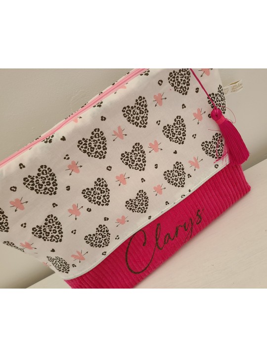 Trousse de toilette personnalisée prénom petits coeurs léopard (cadeau naissance, baptême, communion ...)