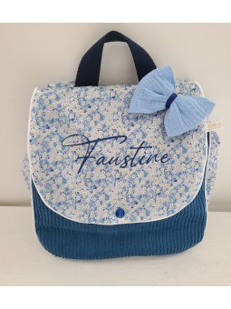 Sac à dos maternelle / crèche velours et liberty Mitsi valeria bleu personnalisé