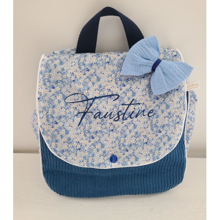 Sac à dos maternelle / crèche velours et liberty Mitsi valeria bleu personnalisé