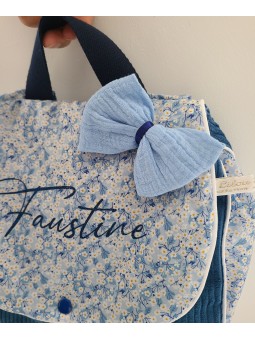 Sac à dos maternelle / crèche velours et liberty Mitsi valeria bleu personnalisé