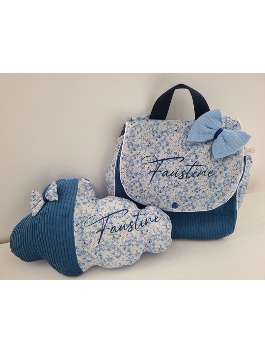 Sac à dos maternelle / crèche velours et liberty Mitsi valeria bleu personnalisé
