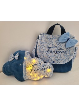Sac à dos maternelle / crèche velours et liberty Mitsi valeria bleu personnalisé