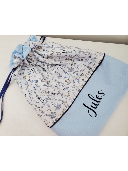Sac pochon personnalisable pour crèche ou maternelle liberty Theo bleu
