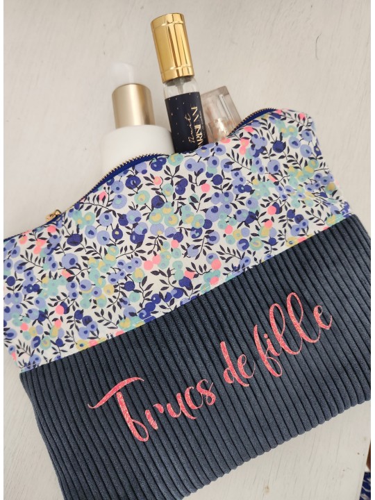 Trousse / pochette "Trucs de fille" en liberty Wiltshire fluo et velours
