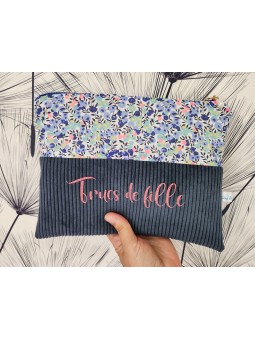 Trousse / pochette "Trucs de fille" en liberty Wiltshire fluo et velours