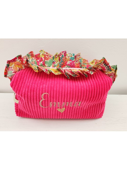 Trousse de toilette personnalisée en velours framboise et froufrou liberty