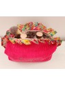 Trousse de toilette personnalisée en velours framboise et froufrou liberty