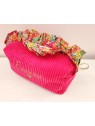 Trousse de toilette personnalisée en velours framboise et froufrou liberty