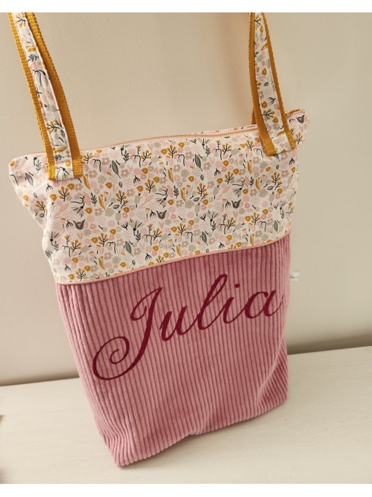 Tote bag zippé personnalisé velours vieux rose et coton fleuri