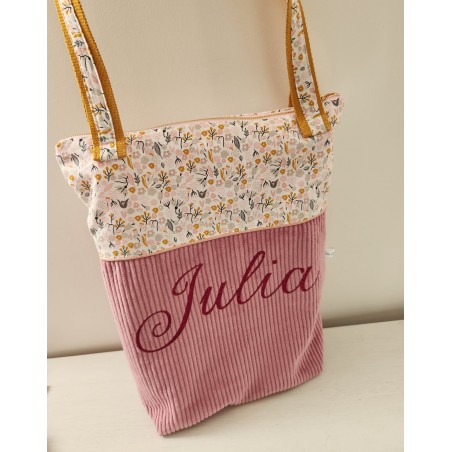 Tote bag zippé personnalisé velours vieux rose et coton fleuri