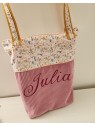 Tote bag zippé personnalisé velours vieux rose et coton fleuri