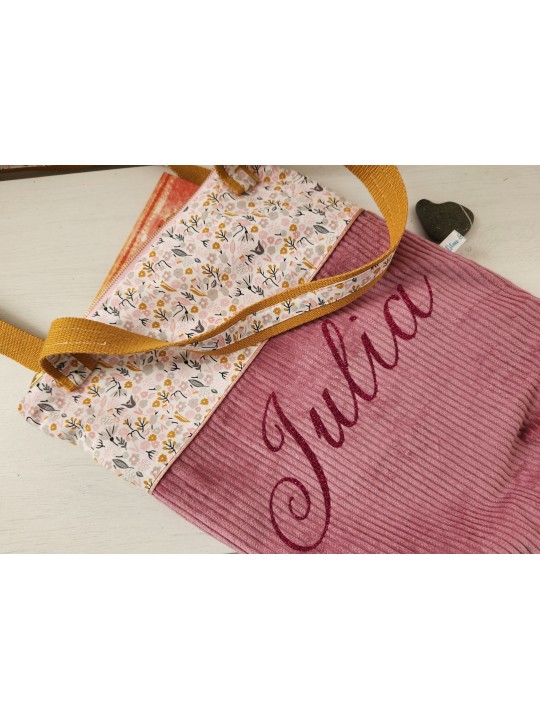 Tote bag zippé personnalisé velours vieux rose et coton fleuri