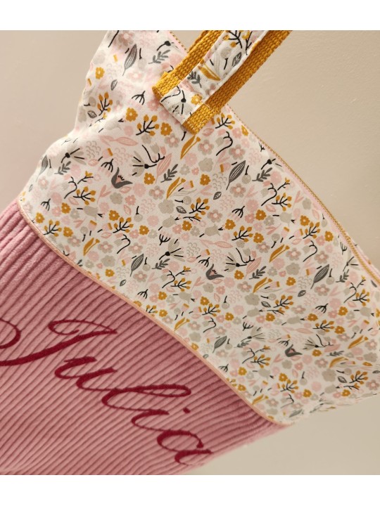 Tote bag zippé personnalisé velours vieux rose et coton fleuri
