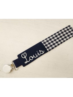 Attache tétine vichy marine personnalisée prénom