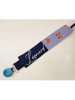 Attache tétine marine et bleue petits renards personnalisée prénom