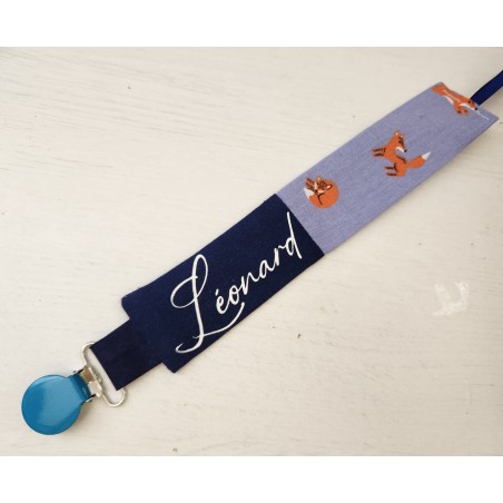 Attache tétine marine et bleue petits renards personnalisée prénom