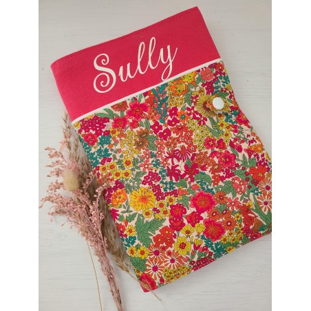 Protège carnet de santé liberty Margaret / uni framboise personnalisable avec prénom