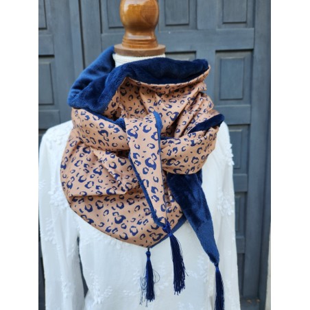 Chèche léopard et minkee marine extra doux et chaud