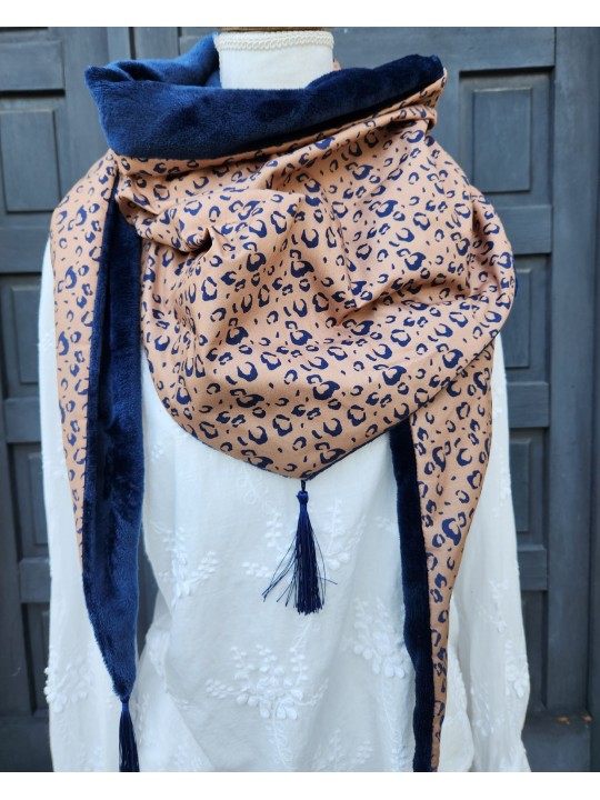 Chèche léopard et minkee marine extra doux et chaud