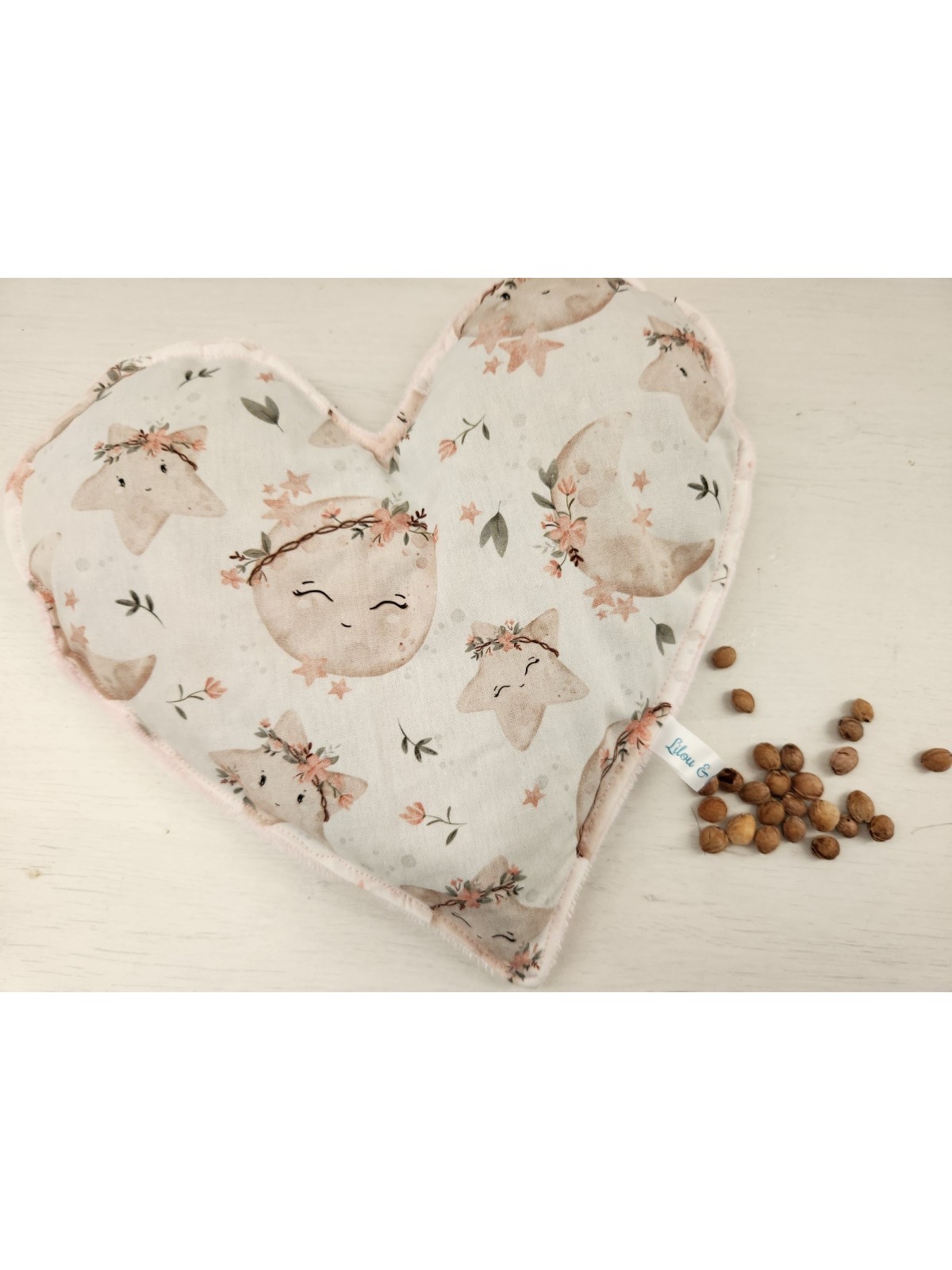 Bouillotte coeur de noyaux de cerise coton lunes / minkee tout doux