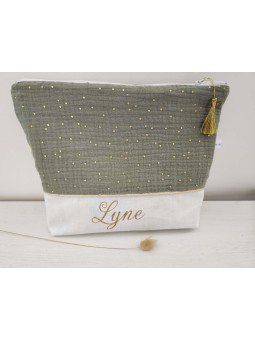 Trousse de toilette personnalisée double gaze vert kaki et or