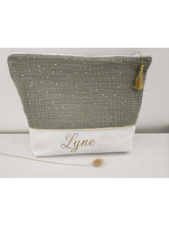 Trousse de toilette personnalisée double gaze vert kaki et or