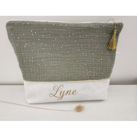 Trousse de toilette personnalisée double gaze vert kaki et or