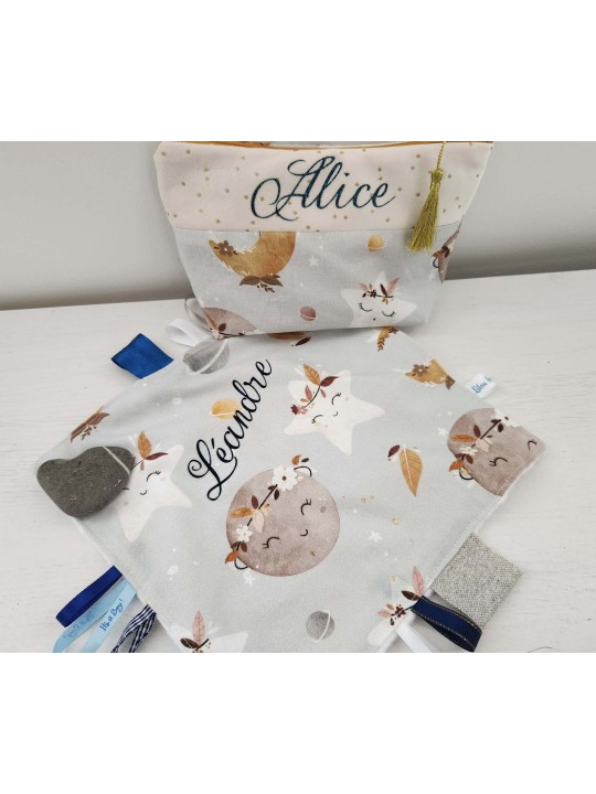 Doudou étiquettes mixte gris bleu petites lunes, personnalisé tout doux