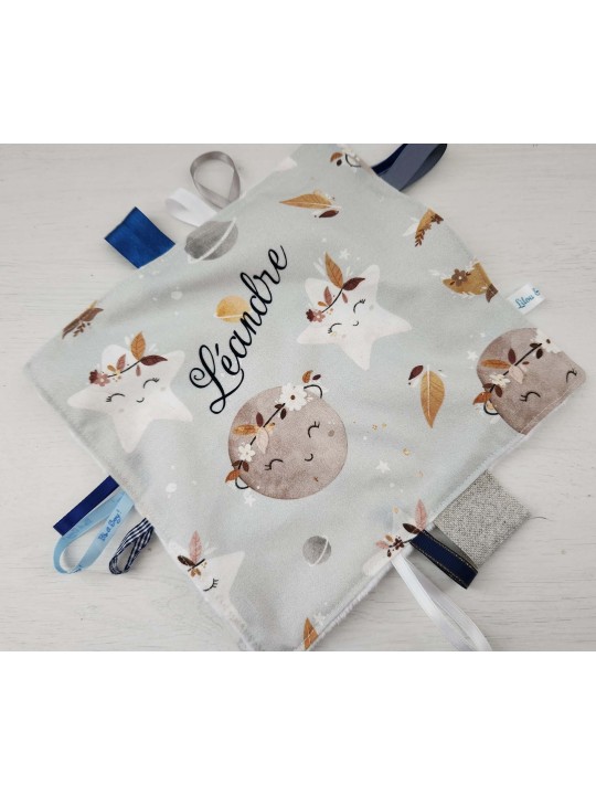 Doudou étiquettes mixte gris bleu petites lunes, personnalisé tout doux