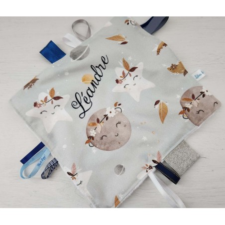 Doudou étiquettes mixte gris bleu petites lunes, personnalisé tout doux