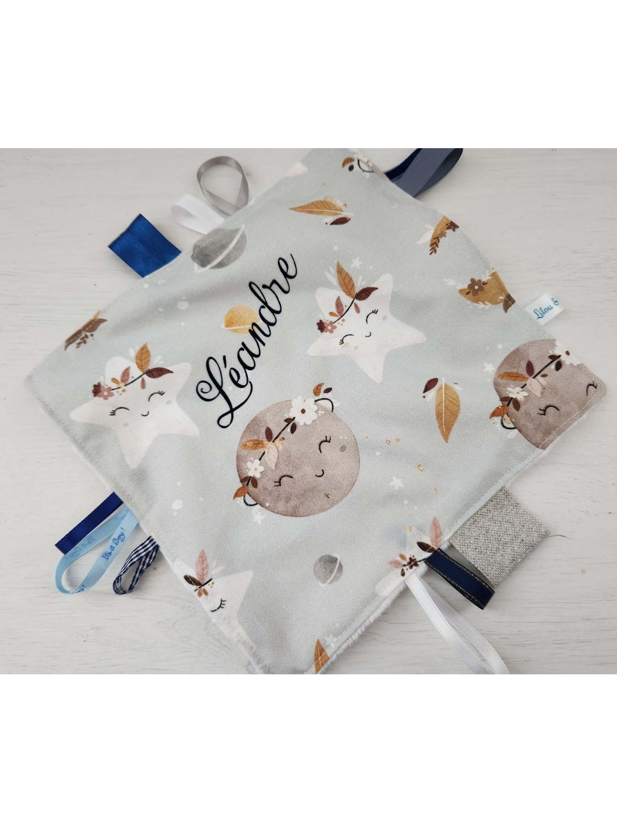 Doudou étiquettes mixte gris bleu petites lunes, personnalisé tout doux