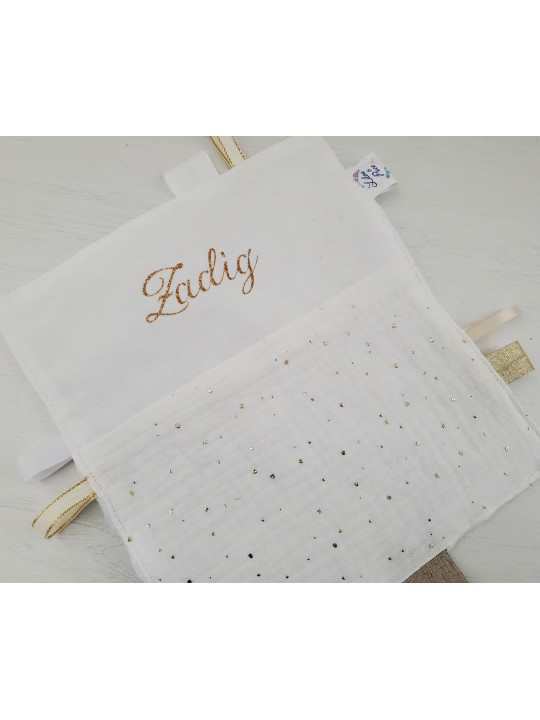 Doudou étiquettes en double gaze blanche et or, personnalisé tout doux