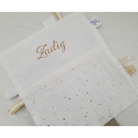 Doudou étiquettes en double gaze blanche et or, personnalisé tout doux