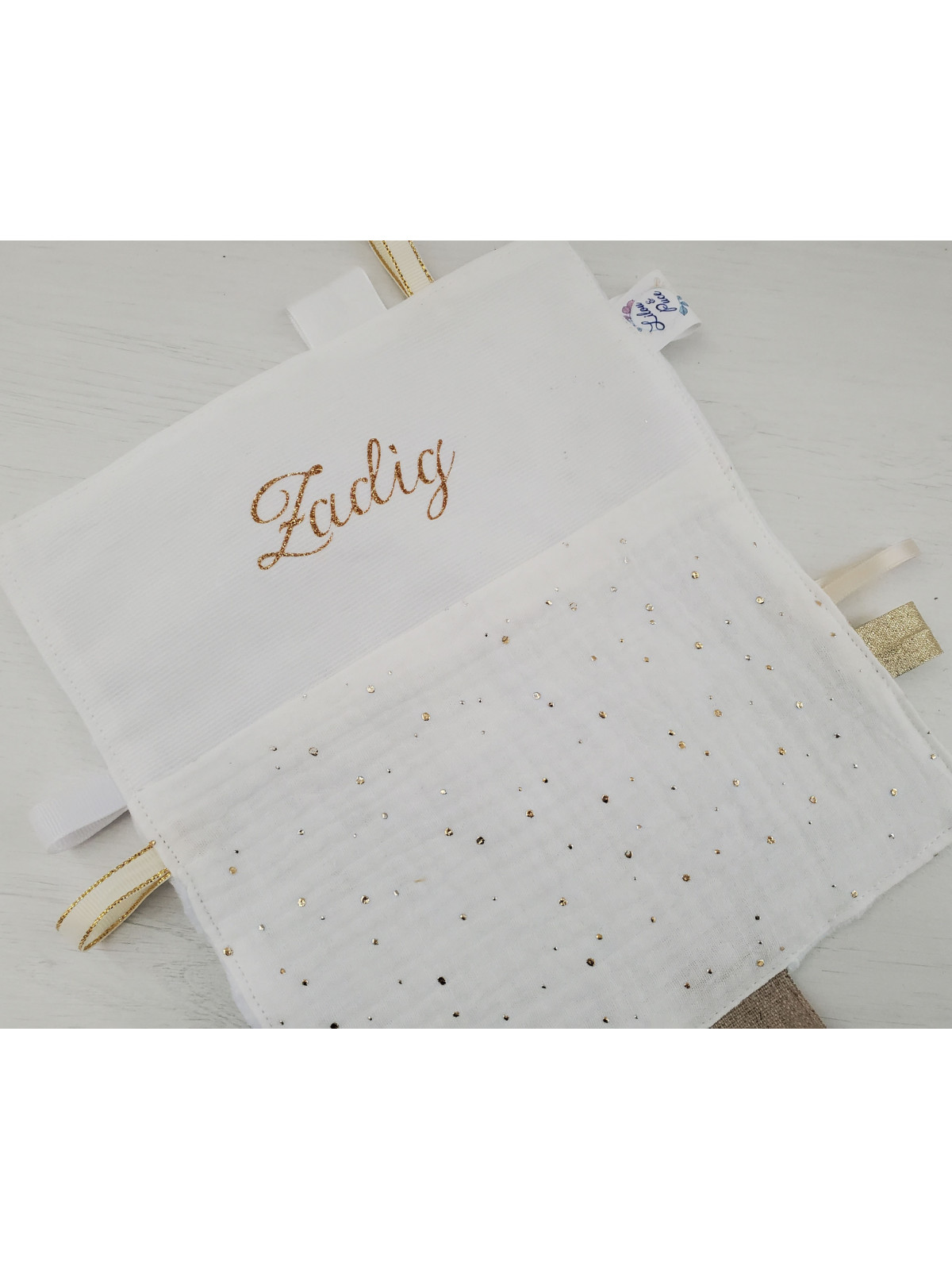 Doudou étiquettes en double gaze blanche et or, personnalisé tout doux