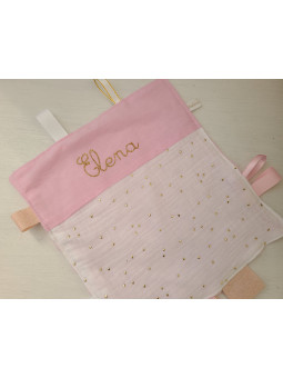 Doudou étiquettes double gaze rose et or personnalisé tout doux