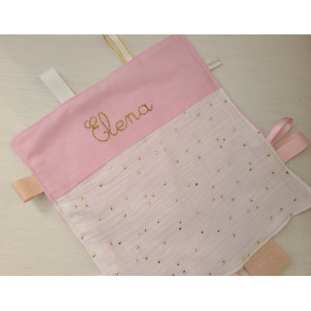 Doudou étiquettes double gaze rose et or personnalisé tout doux