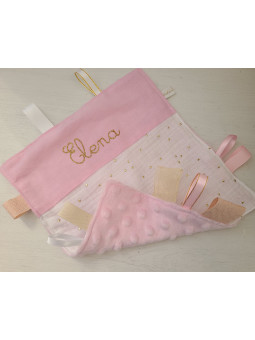 Doudou étiquettes double gaze rose et or personnalisé tout doux