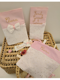 Doudou étiquettes double gaze rose et or personnalisé tout doux