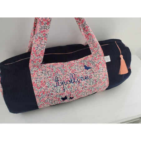 Sac polochon week-end personnalisé en liberty Wiltshire pois de senteur et velours marine