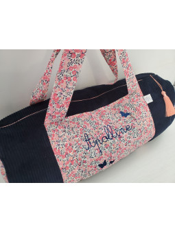 Sac polochon week-end personnalisé en liberty Wiltshire pois de senteur et velours marine