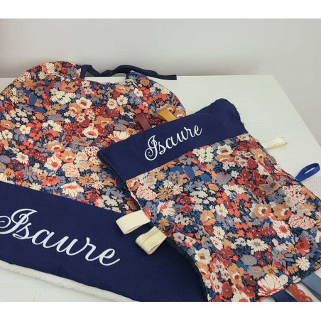 Doudou étiquettes en liberty Thorpe, marine et terracotta, personnalisé tout doux