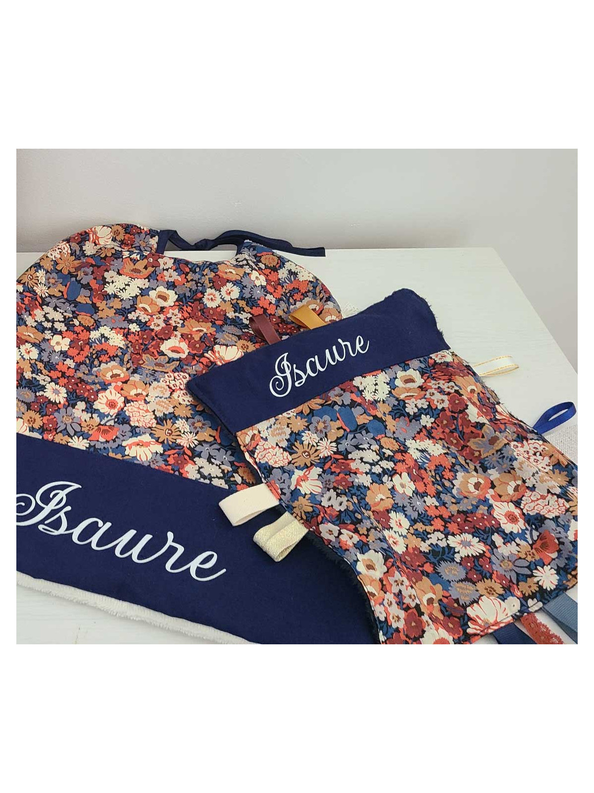 Doudou étiquettes en liberty Thorpe, marine et terracotta, personnalisé tout doux