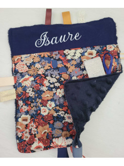 Doudou étiquettes en liberty Thorpe, marine et terracotta, personnalisé tout doux