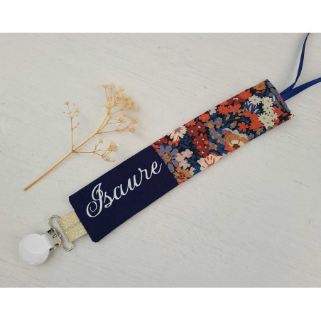 Attache tétine liberty Thorpe, marine et or personnalisée