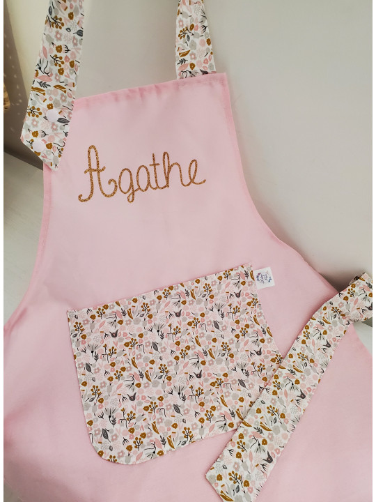 Tablier personnalisé rose et coton fleuri (choix de tailles)