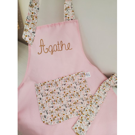 Tablier personnalisé rose et coton fleuri (choix de tailles)