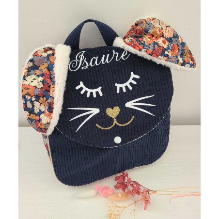 Sac à dos petit lapin maternelle / crèche velours et liberty Thorpe personnalisé