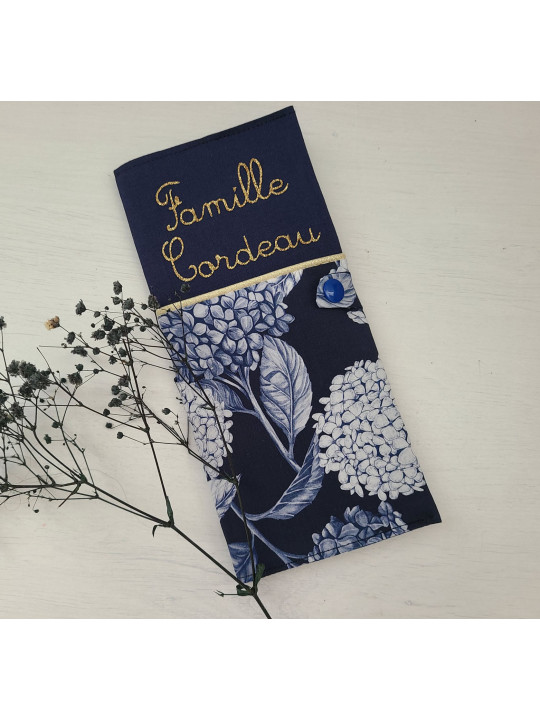 Protège livret de famille personnalisable liberty hortensias marine